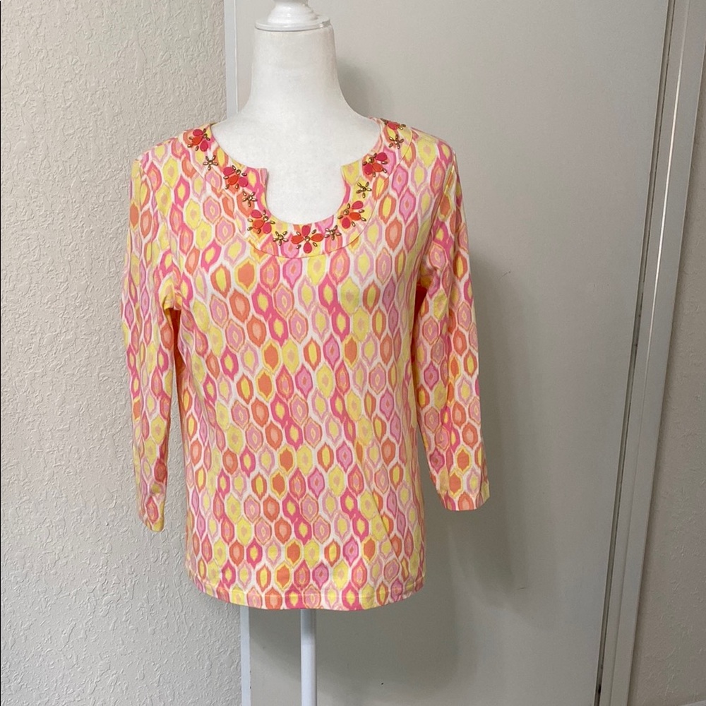 Hearts of Palm Pink and Yellow Graphic 3/4 Sleeve Blouse